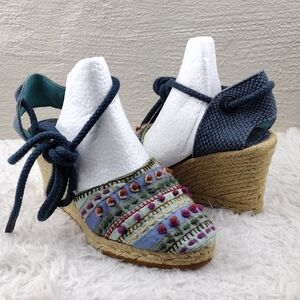 Apepazza Blue Fabric Upper Closed Toe Lace Up Gladiator Wedged Heel Espadrilles